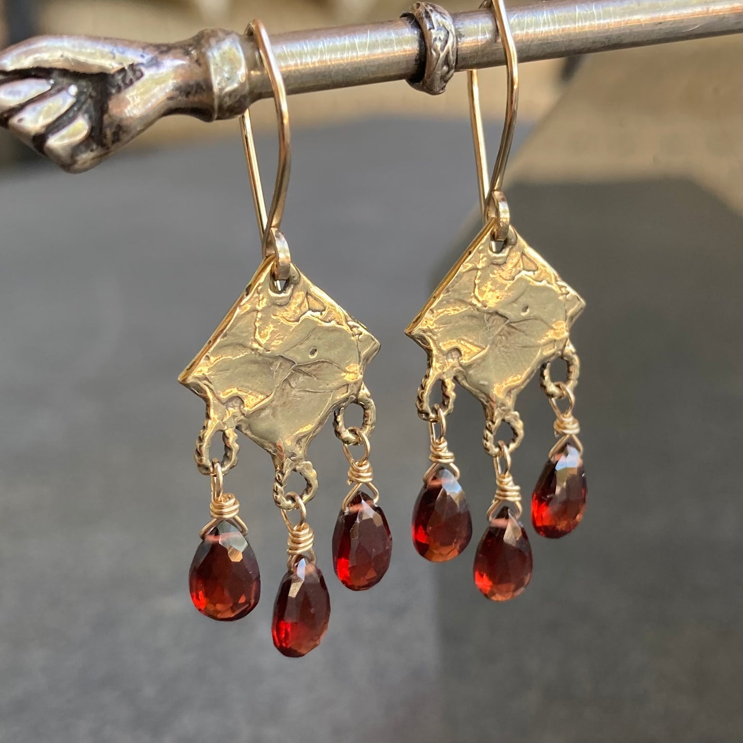 Mozambique Garnet, Gold & Bronze Chandelier Earrings