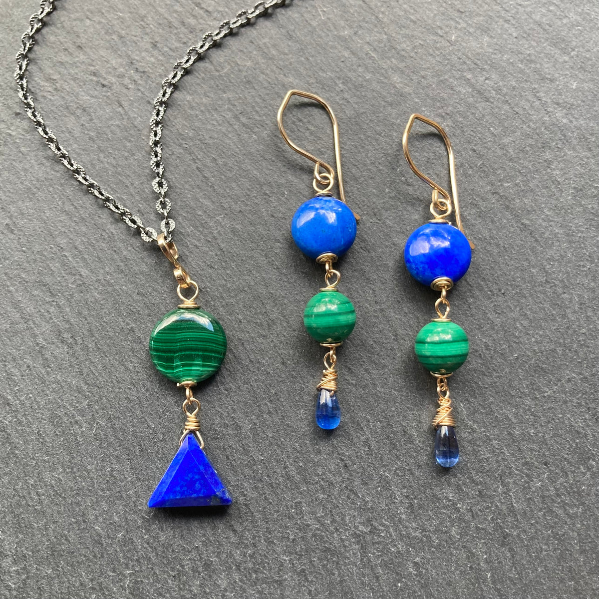 Lapis, Malachite & Gold Earrings