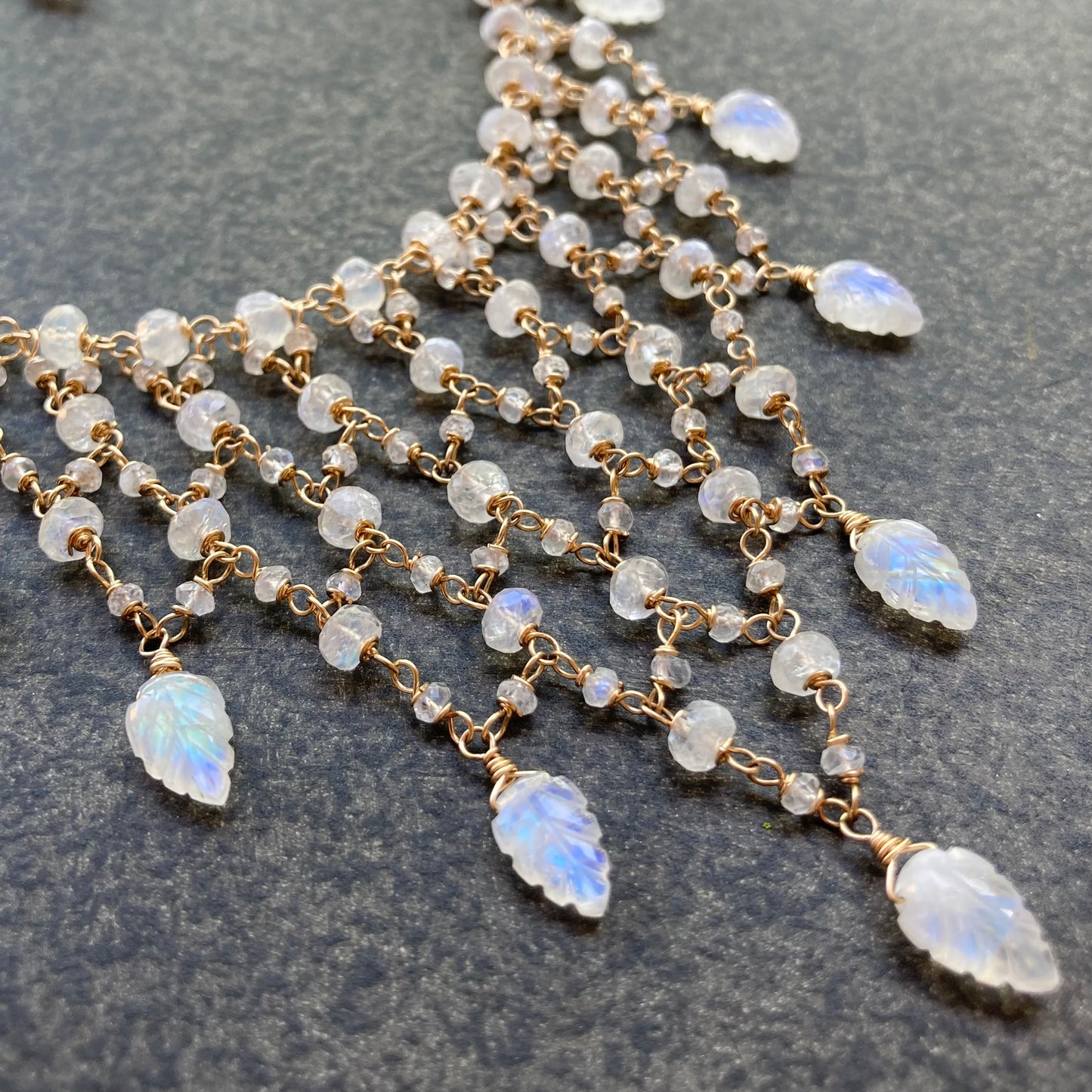 Luna Dewdrops Rainbow Moonstone & Gold Chainmail Collar