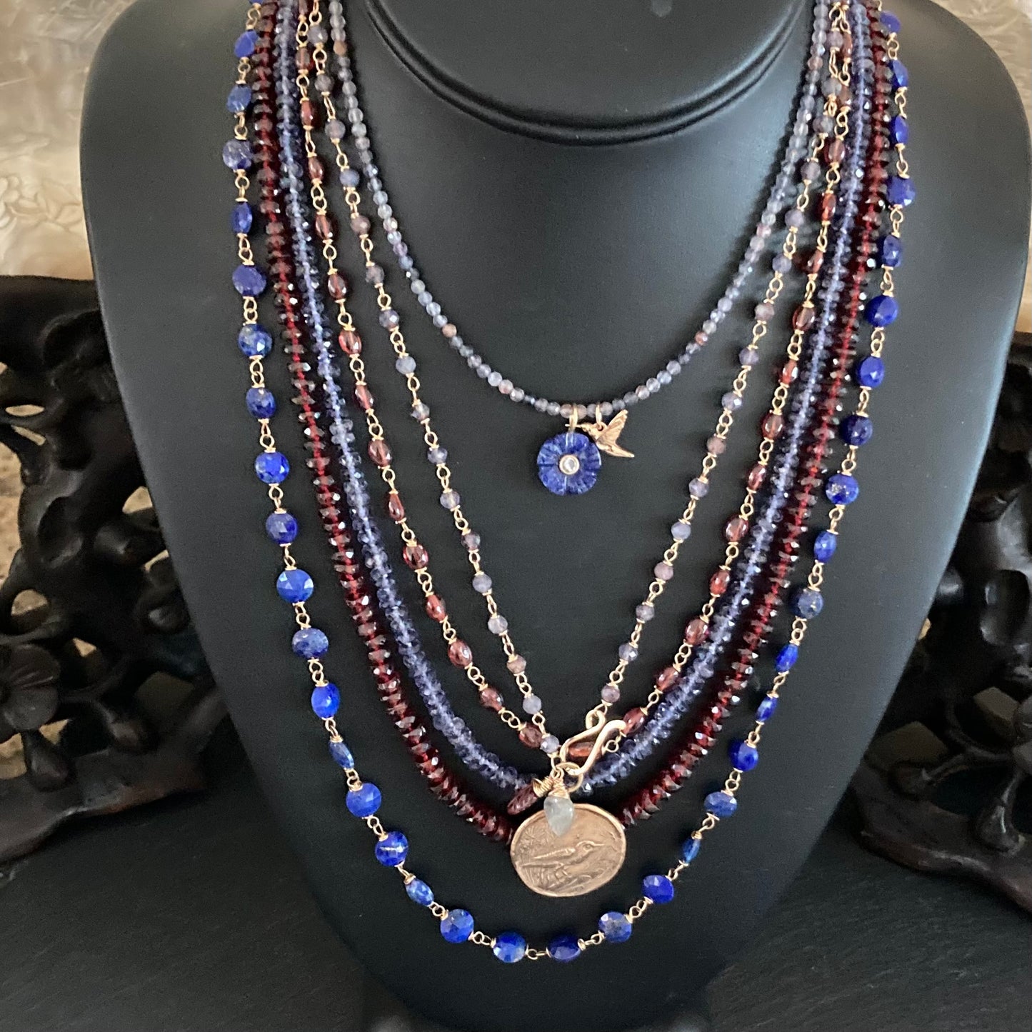 Iolite Sunstone, Gold & Bronze Scrub Jay Pendant Necklace
