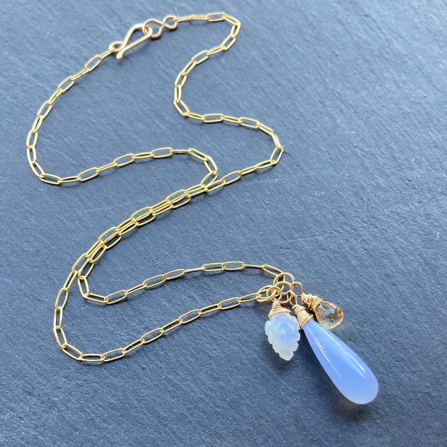 Blue Lace Agate, Rainbow Moonstone, Citrine & Gold Charm Necklace