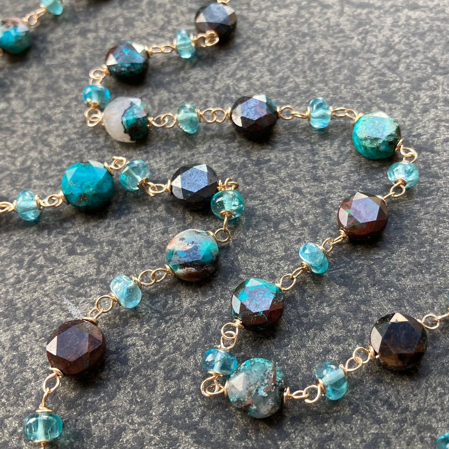 Shattuckite, Sky Blue Apatite & Gold Necklace