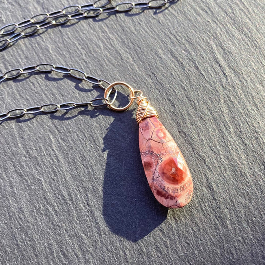 Crazy Lace Agate & Mixed Metal Pendant Necklace