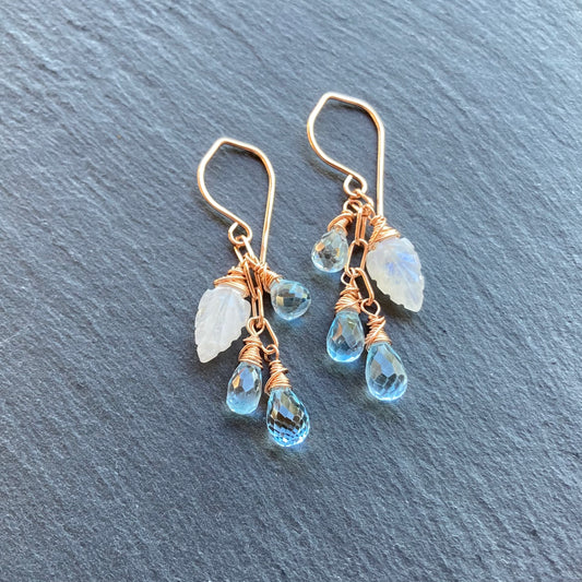 Blue Topaz, Rainbow Moonstone & Rose Gold Cascade Earrings