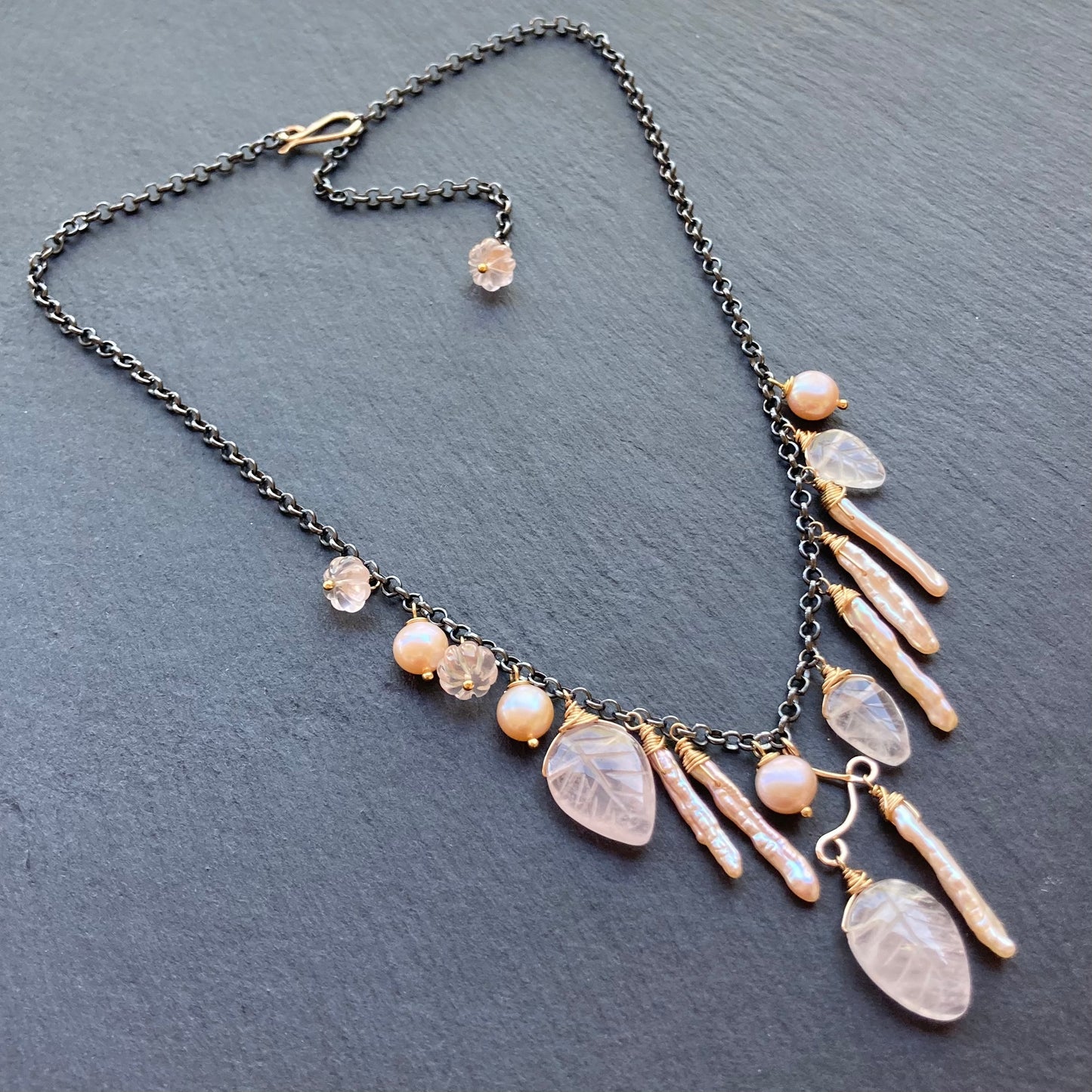 Rose Quartz, Pink Freshwater Pearl & Mixed Metal Asymmetrical Charm Choker