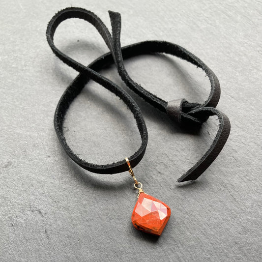 Red Jasper & Gold Deertan Leather Choker
