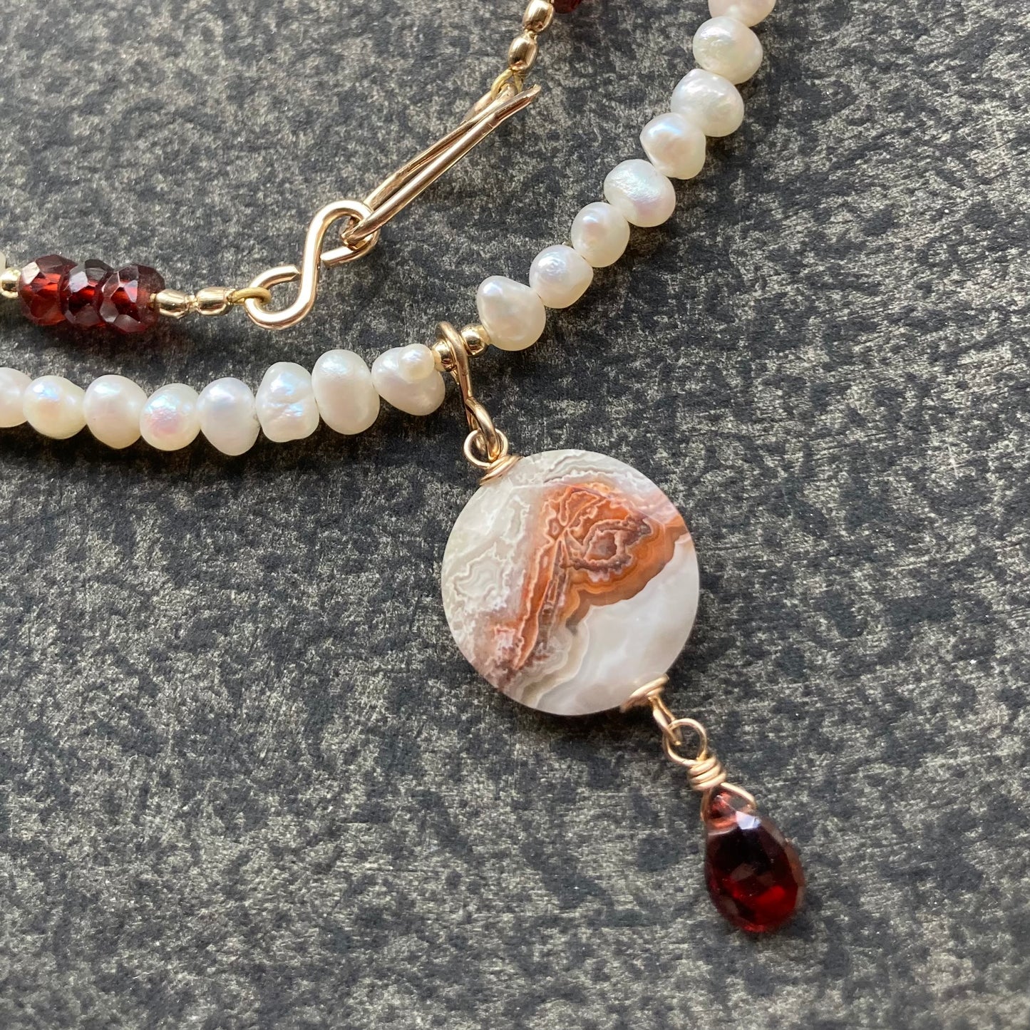 Crazy Lace Agate, Mozambique Garnet & Freshwater Pearl Necklace