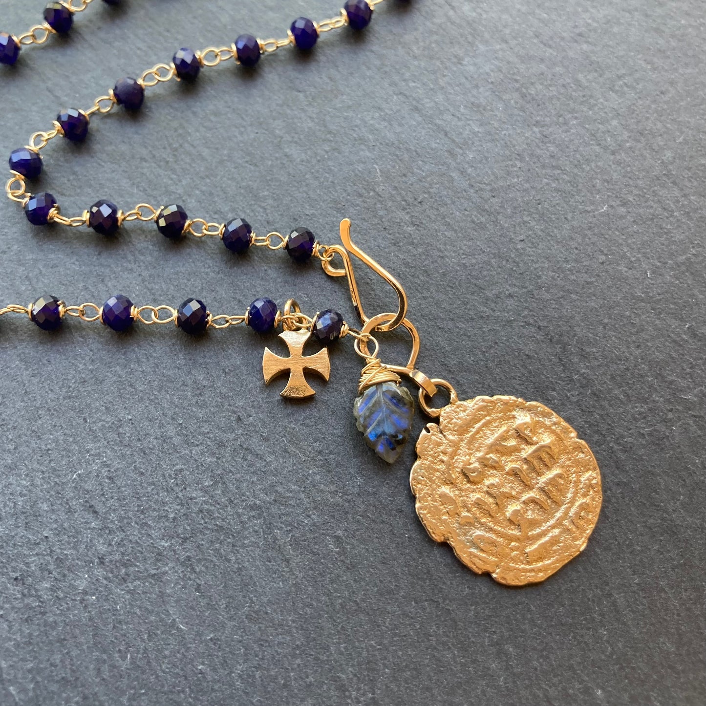 Sodalite, Gold & Bronze Medieval Coin Charm Necklace