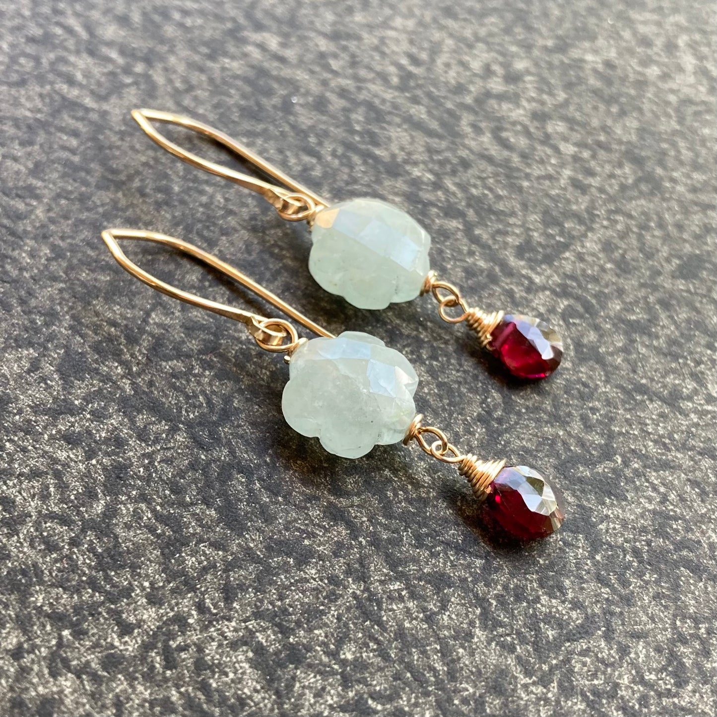 Aquamarine, Rhodolite Garnet & Gold Flower Drop Earrings