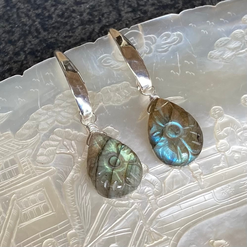 Labradorite Hand Carved Flower & Sterling Silver Marquis Earrings