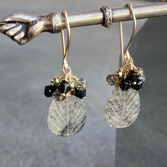 Black Rutilated Quartz & Gold Cluster Earrings