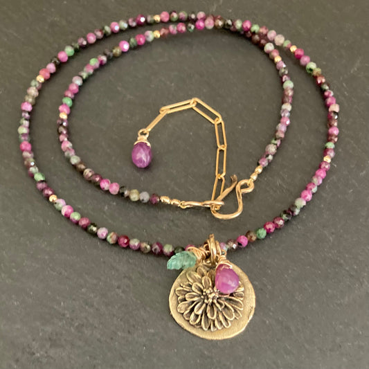 Ruby Zoisite, Gold & Bronze Mum Pendant Choker