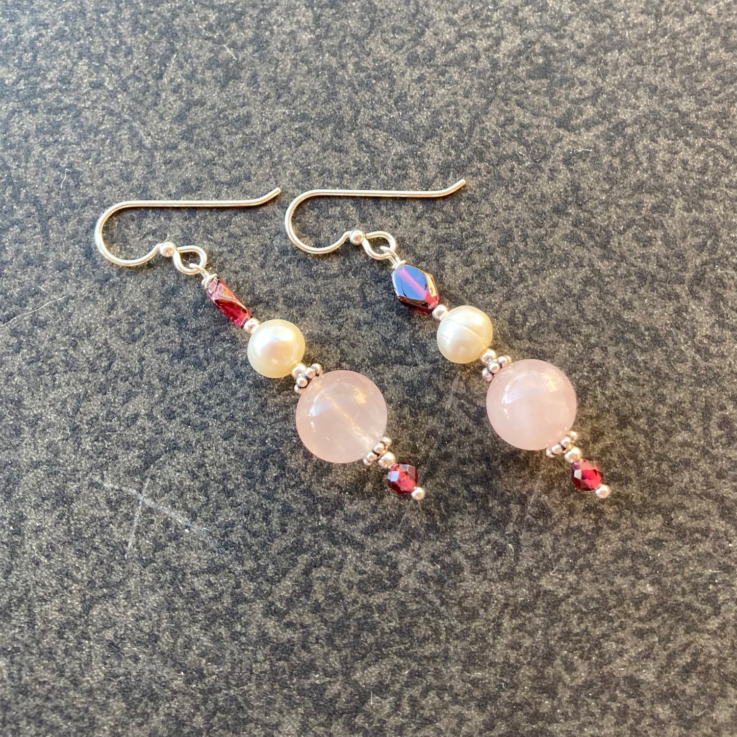 Rose Quartz, Freshwater Pearl & Garnet Earrings