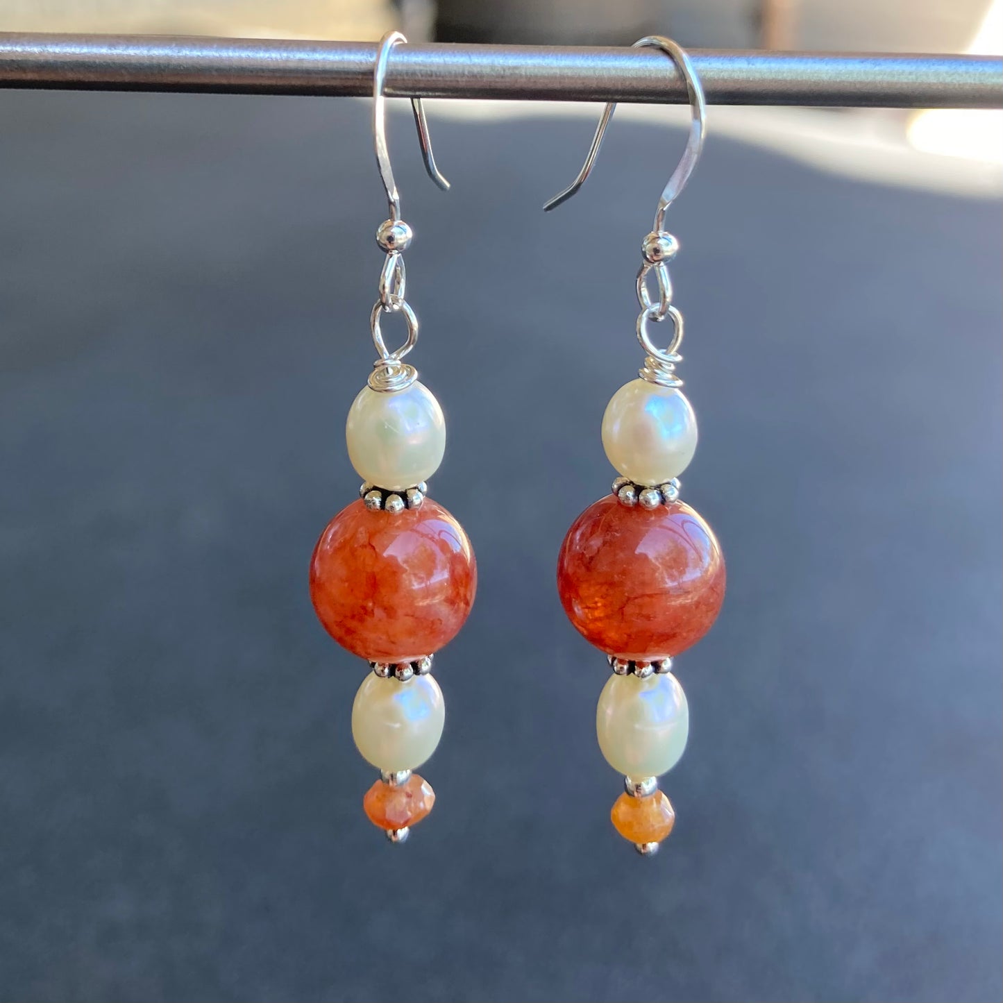 Freshwater Pearl, Hessonite, Copper Rutilated Quartz & Sterling Silver Earrings