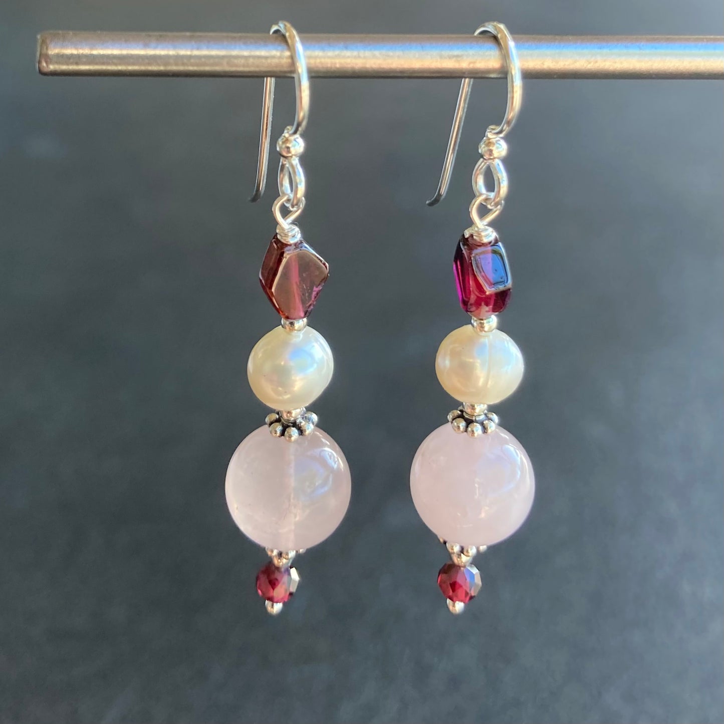 Rose Quartz, Freshwater Pearl & Garnet Earrings