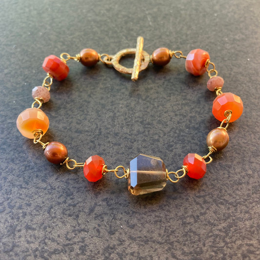 Carnelian, Smoky Quartz, Pearl & Bronze Bracelet