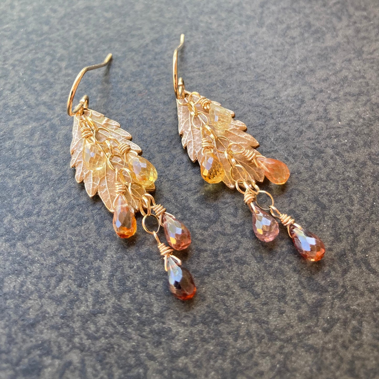Multicolor Zircon, 14k Gold & Bronze Leaf Cascade Earrings