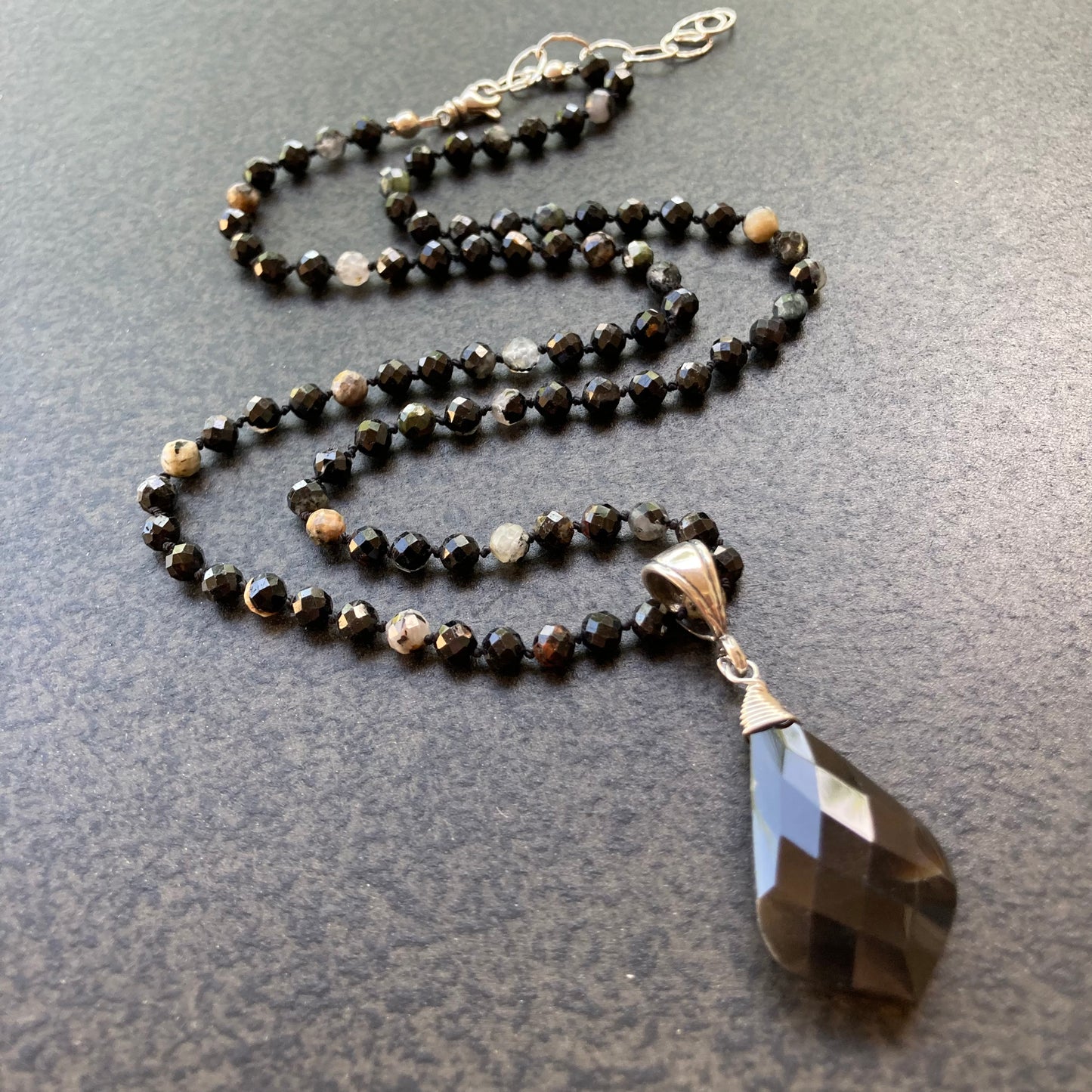 Black Tourmaline Hand Knotted Silk Necklace With Black Onyx Pendant