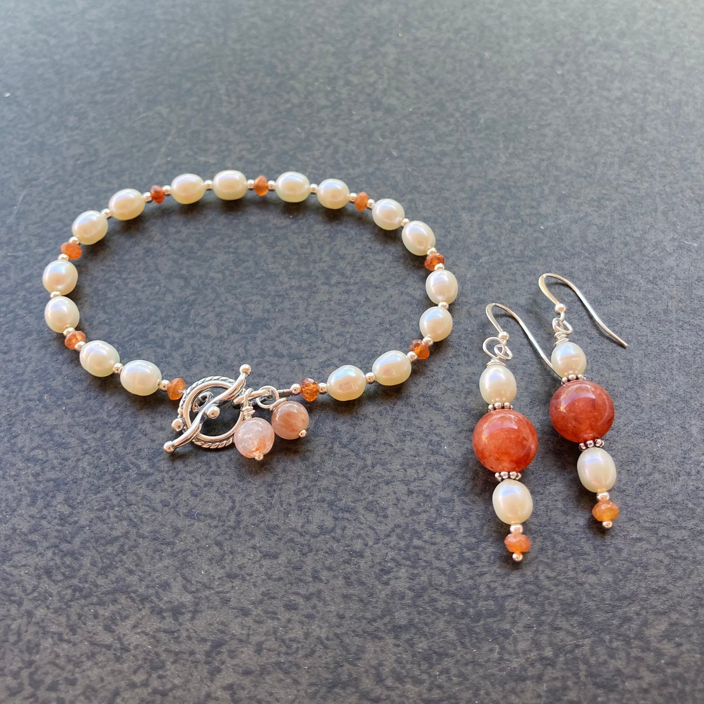 Freshwater Pearl, Hessonite, Copper Rutilated Quartz & Sterling Silver Earrings