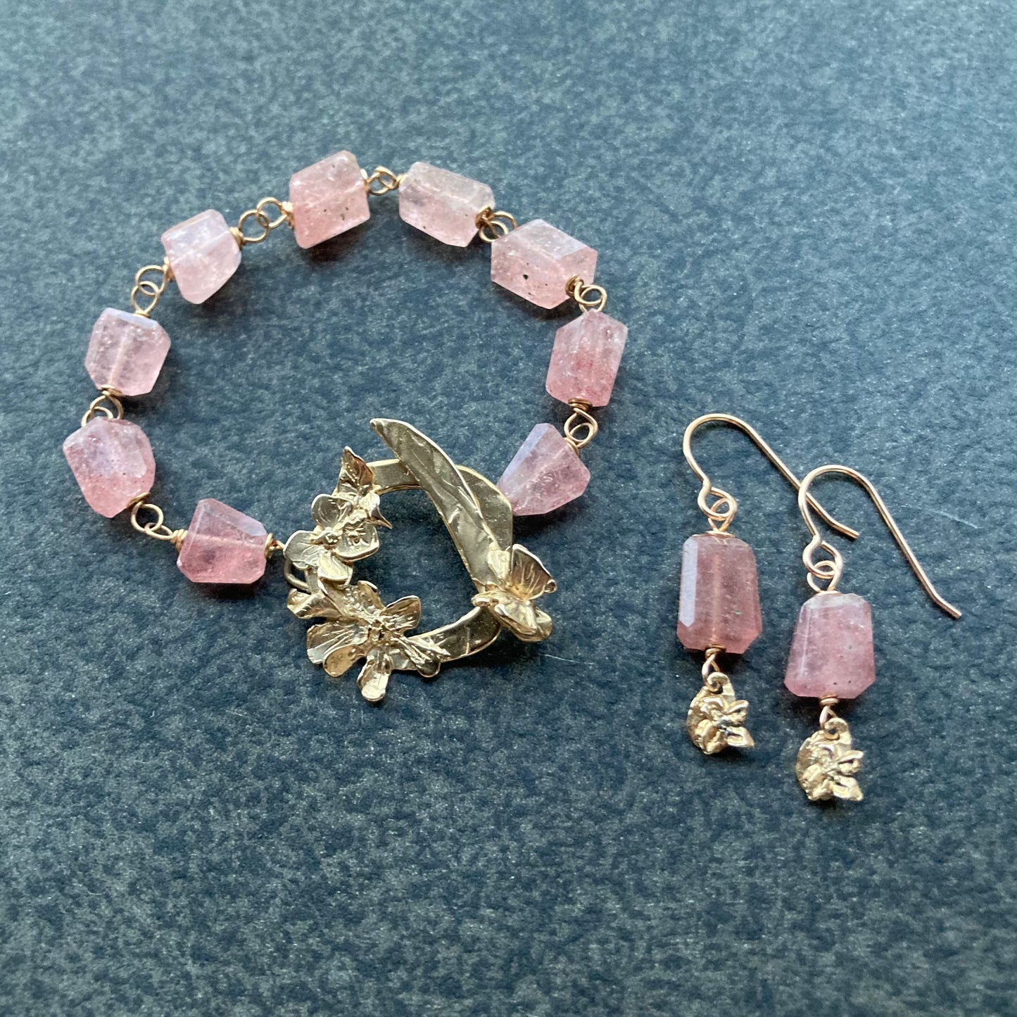 Strawberry Quartz & Bronze Botanical Drop Earrings