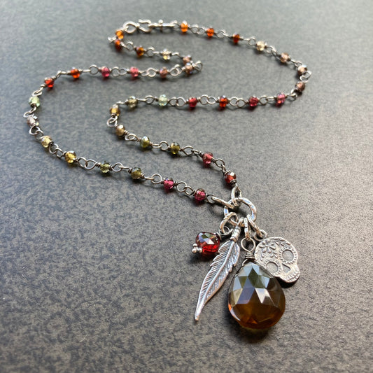 Beer Quartz & Tundra Sapphire Oxidized Sterling Silver Anne Choi Sugar Skull Charm Necklace