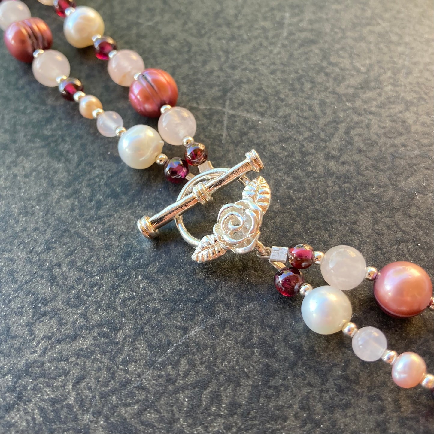 Rose Quartz, Freshwater Pearl & Garnet Necklace