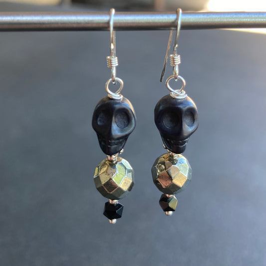 Pyrite, Black Onyx & Howlite Skull Earrings