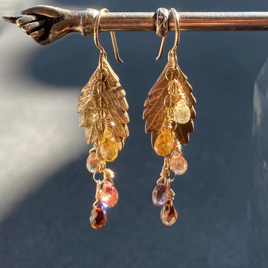 Natural Zircon, Gold & Bronze Leaf Cascade Earrings