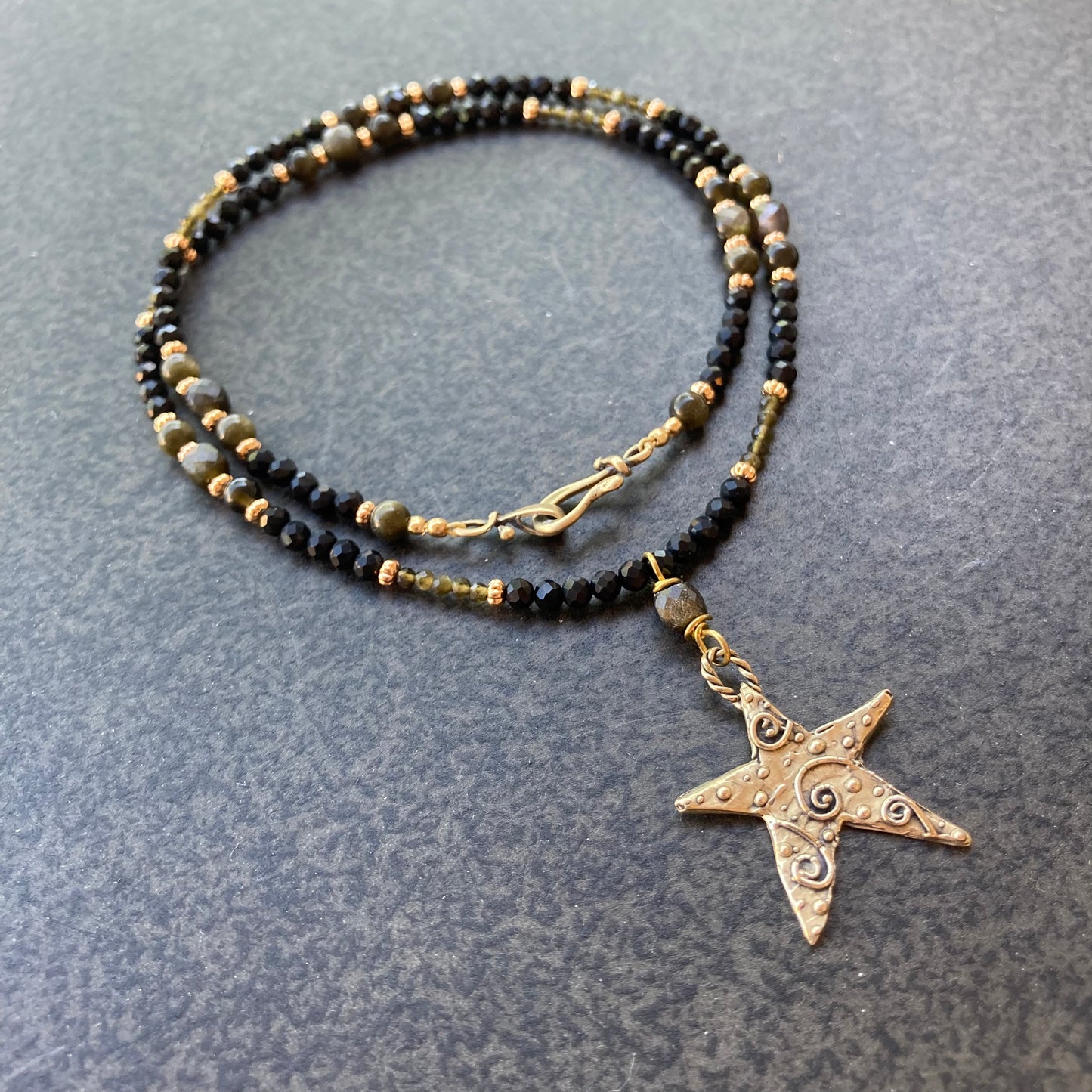 Golden Obsidian, Black Onyx & Bronze Star Necklace