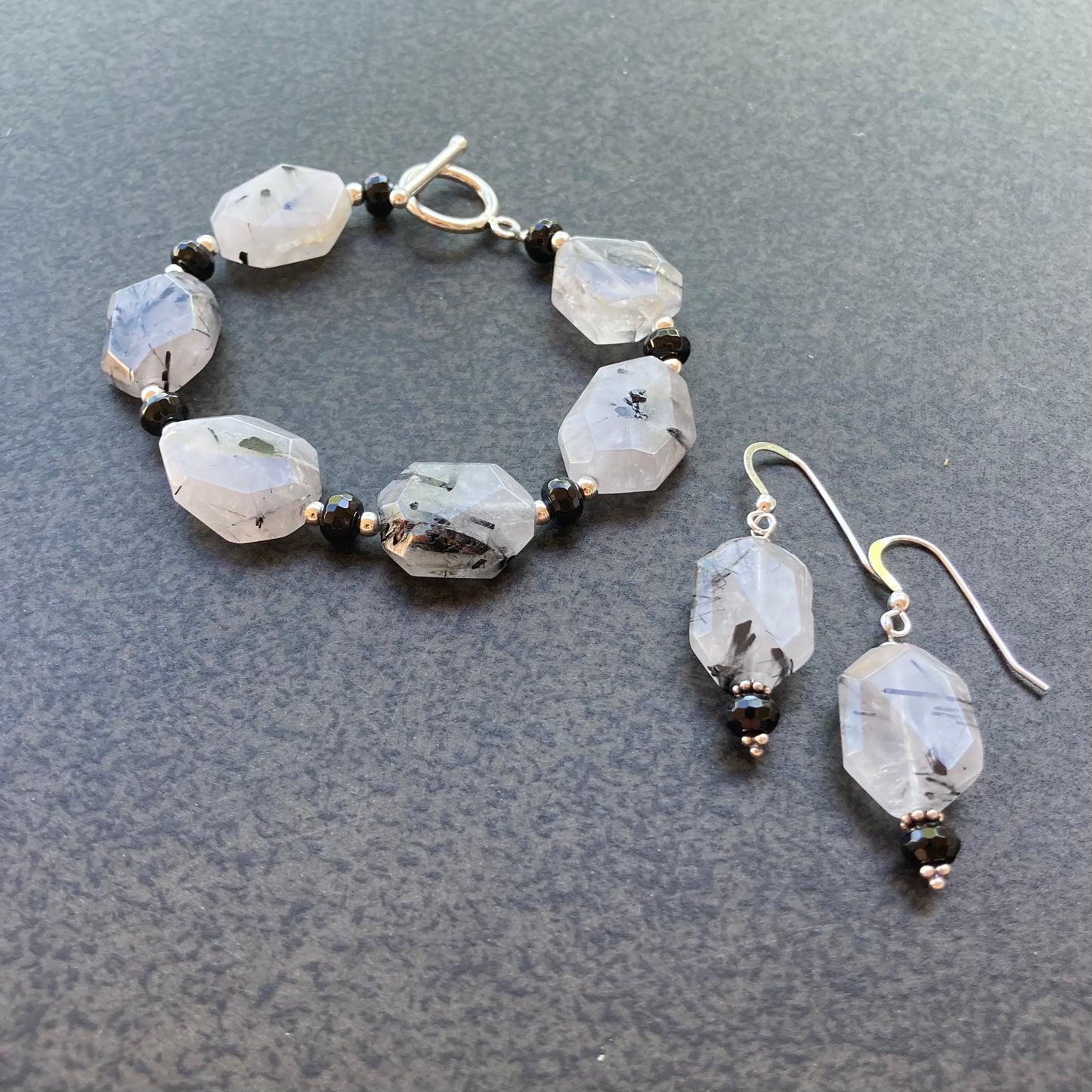 Black Tourmalinated Quartz & Sterling Silver Earrings