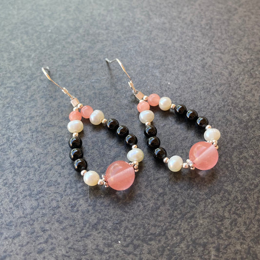 Cherry Quartz, Black Onyx, Pearl & Sterling Silver Earrings