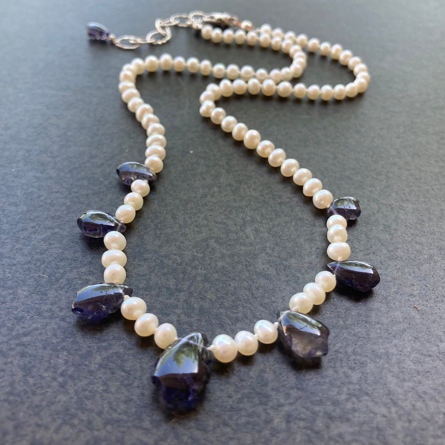Iolite & Pearl Hand Knotted Silk Necklace