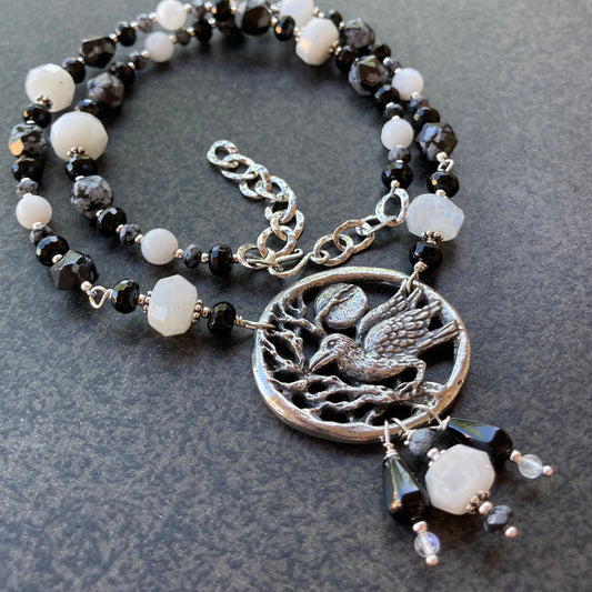 Rainbow Moonstone & Snowflake Obsidian Raven Necklace