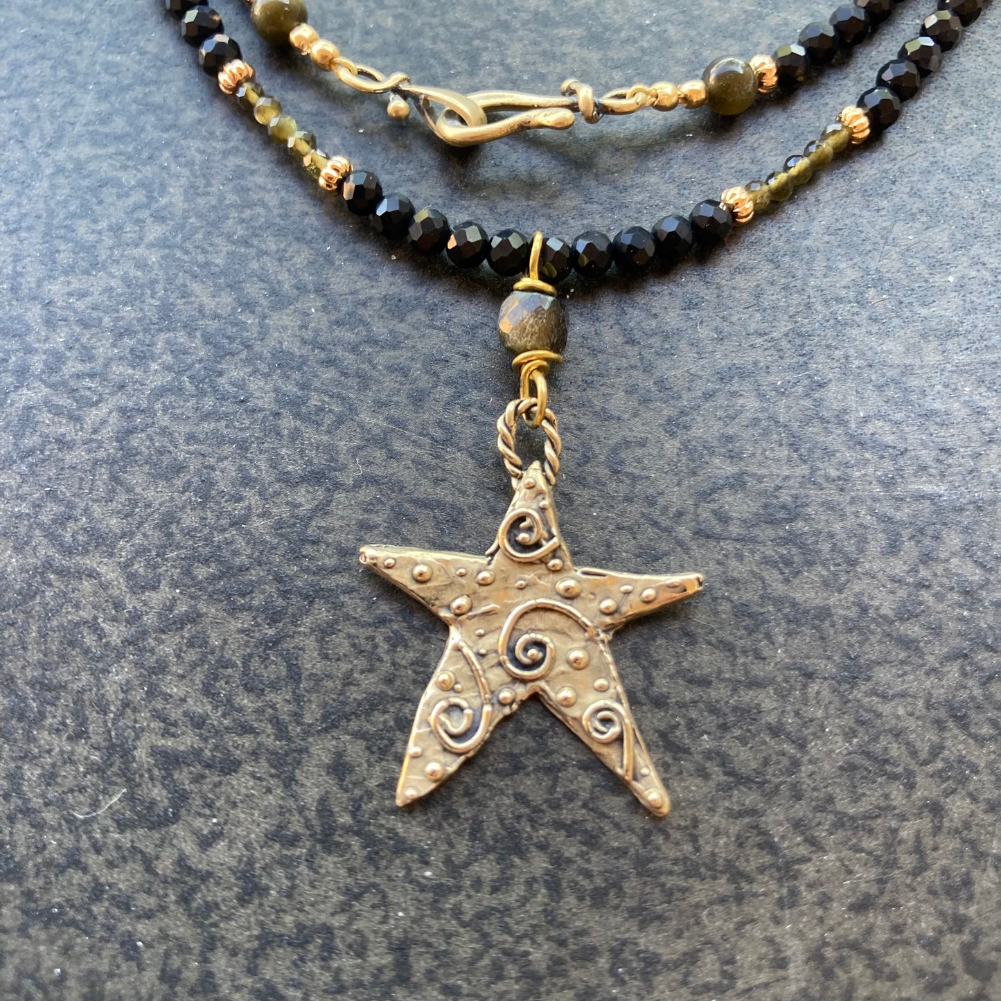 Golden Obsidian, Black Onyx & Bronze Star Necklace