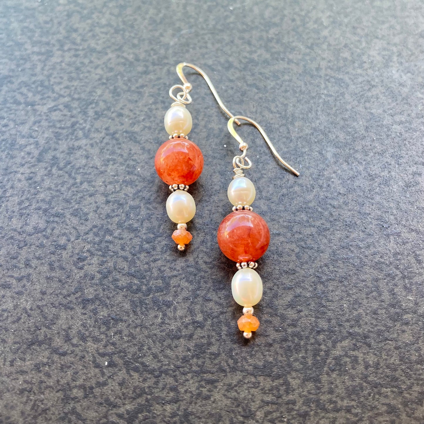 Freshwater Pearl, Hessonite, Copper Rutilated Quartz & Sterling Silver Earrings