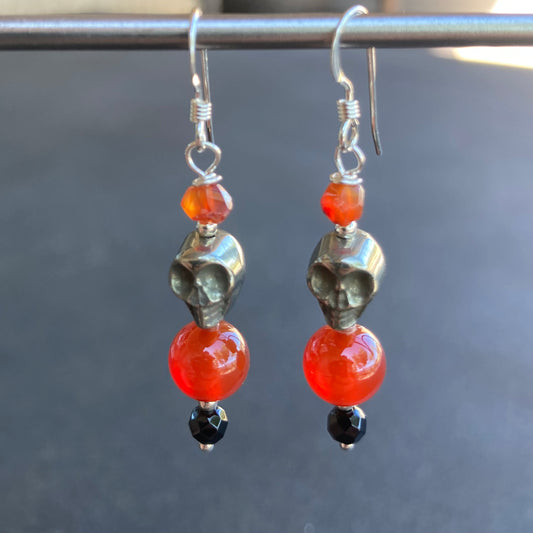 Carnelian, Black Onyx & Pyrite Skull Earrings