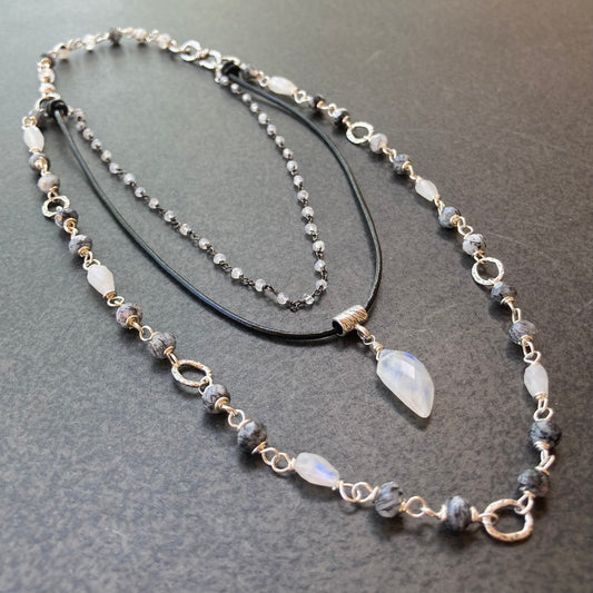 Rainbow Moonstone, Leather & Sterling Silver Triple Strand Necklace