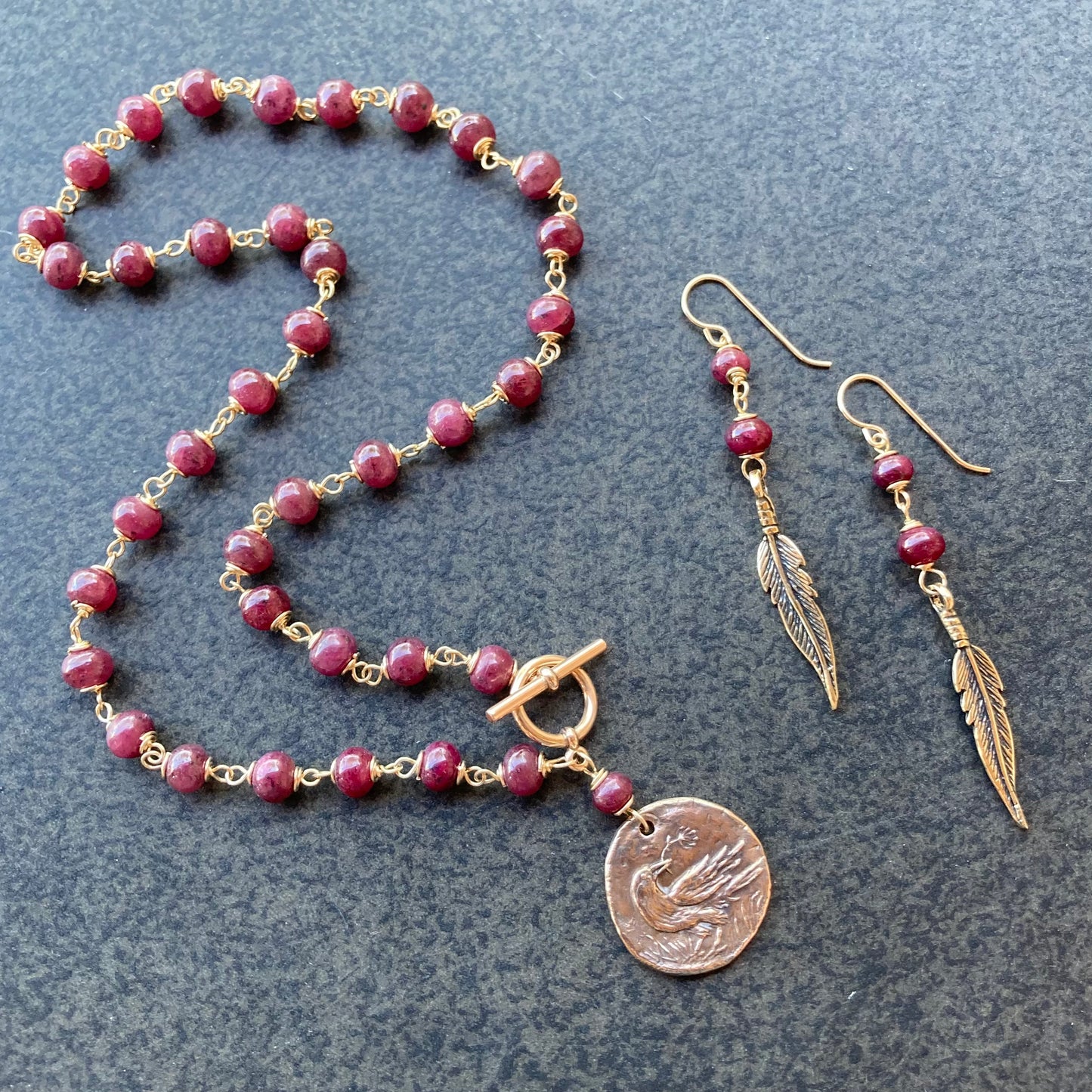 Natural Ruby, 14k Gold & Bronze Raven Coin Necklace