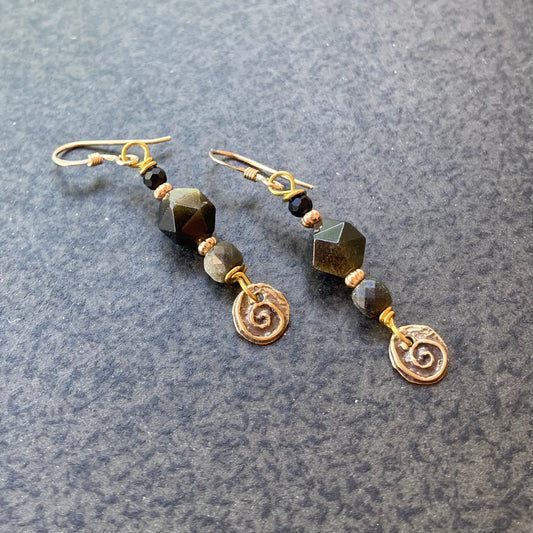 Golden Obsidian & Bronze Spiral Earrings