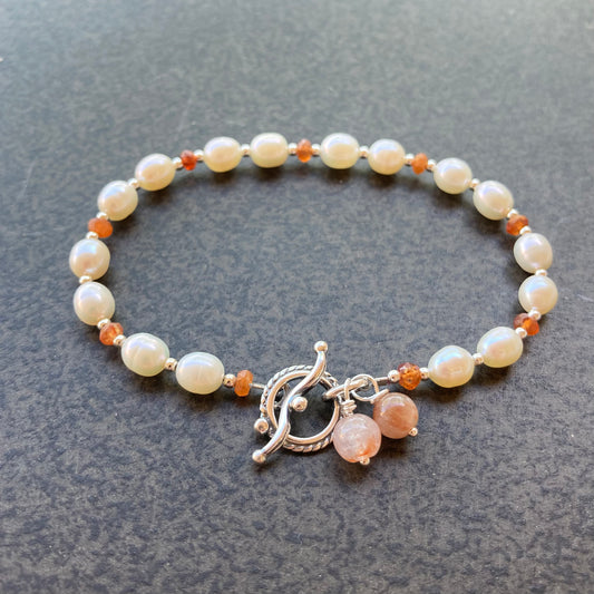 Freshwater Pearl, Hessonite & Sterling Silver Bracelet