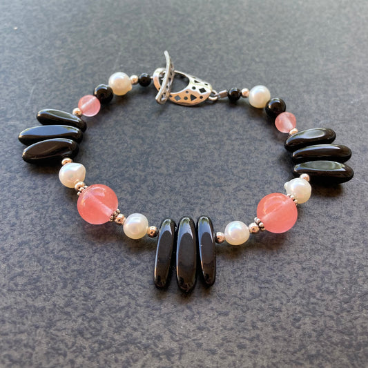 Cherry Quartz, Black Onyx, Pearl & Sterling Silver Bracelet