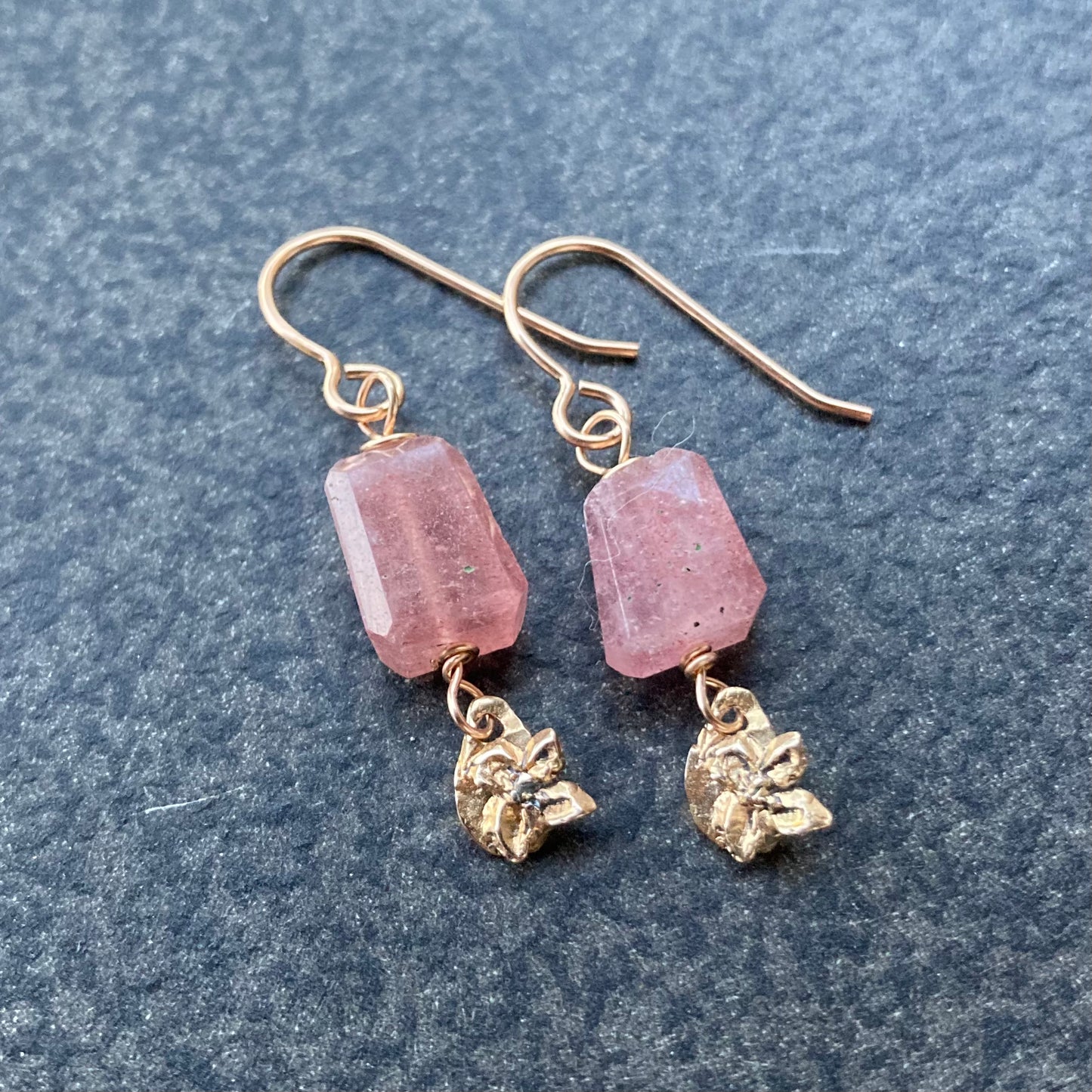Strawberry Quartz & Bronze Botanical Drop Earrings