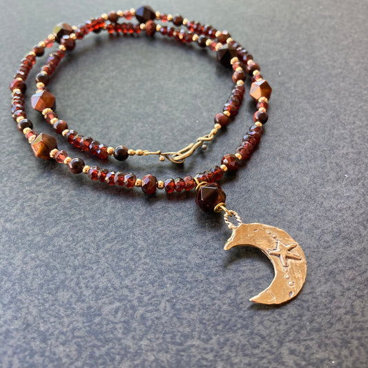 Red Tiger Eye, Garnet & Bronze Crescent Moon Necklace