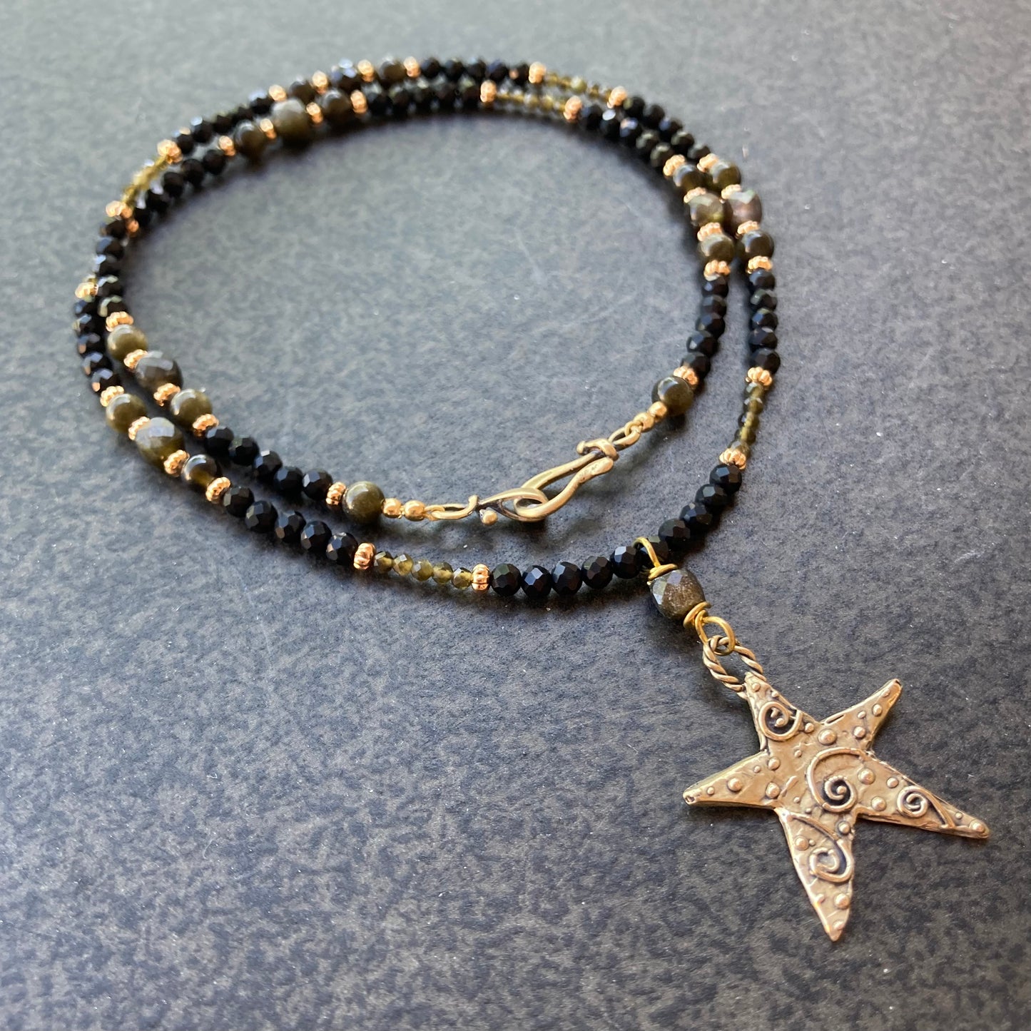 Golden Obsidian, Black Onyx & Bronze Star Necklace