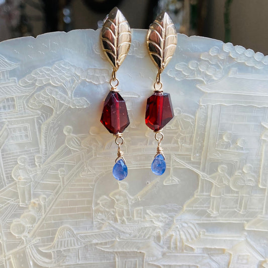 Mozambique Garnet & Tanzanite Bronze Leaf Studs