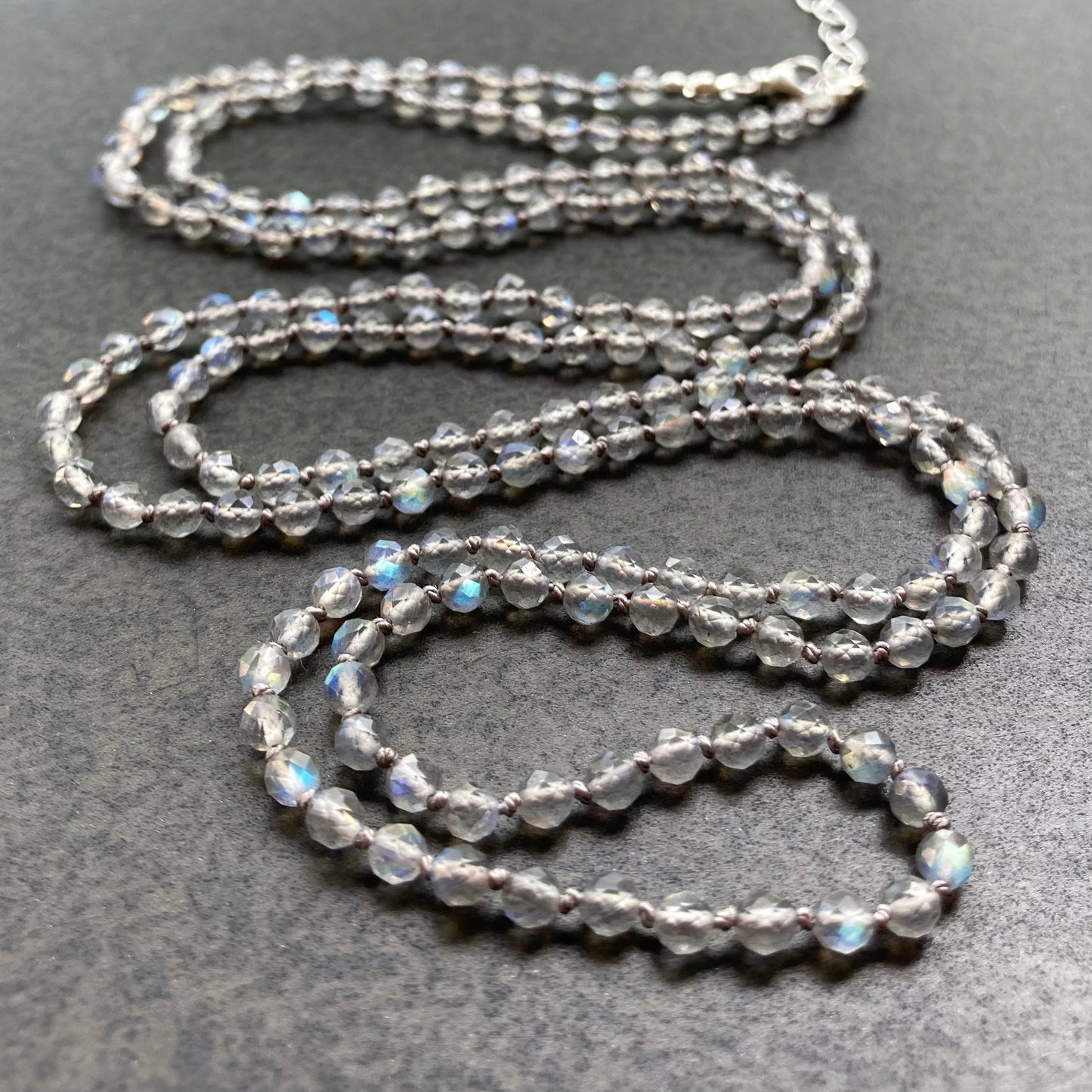 Labradorite Long Hand Knotted Silk Necklace