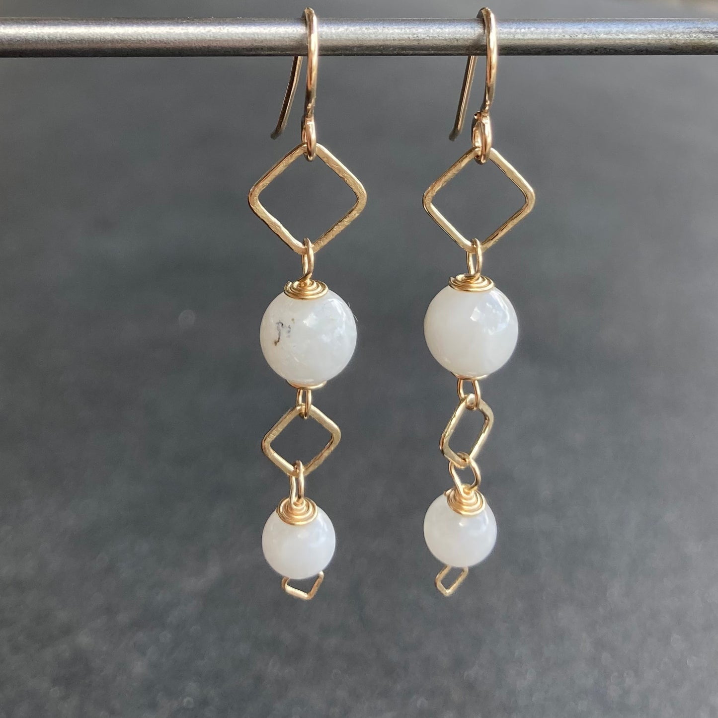 White Moonstone & 14k Gold Square Link Earrings