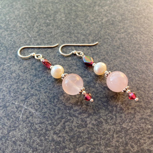 Rose Quartz, Freshwater Pearl & Garnet Earrings