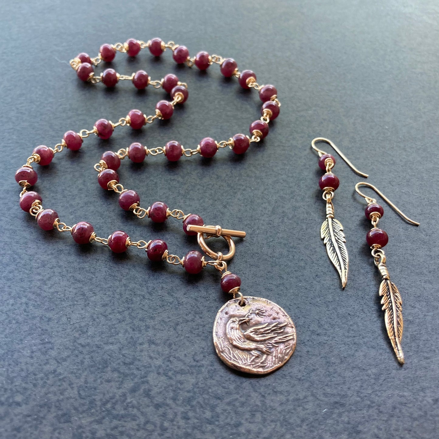 Natural Ruby, 14k Gold & Bronze Raven Coin Necklace