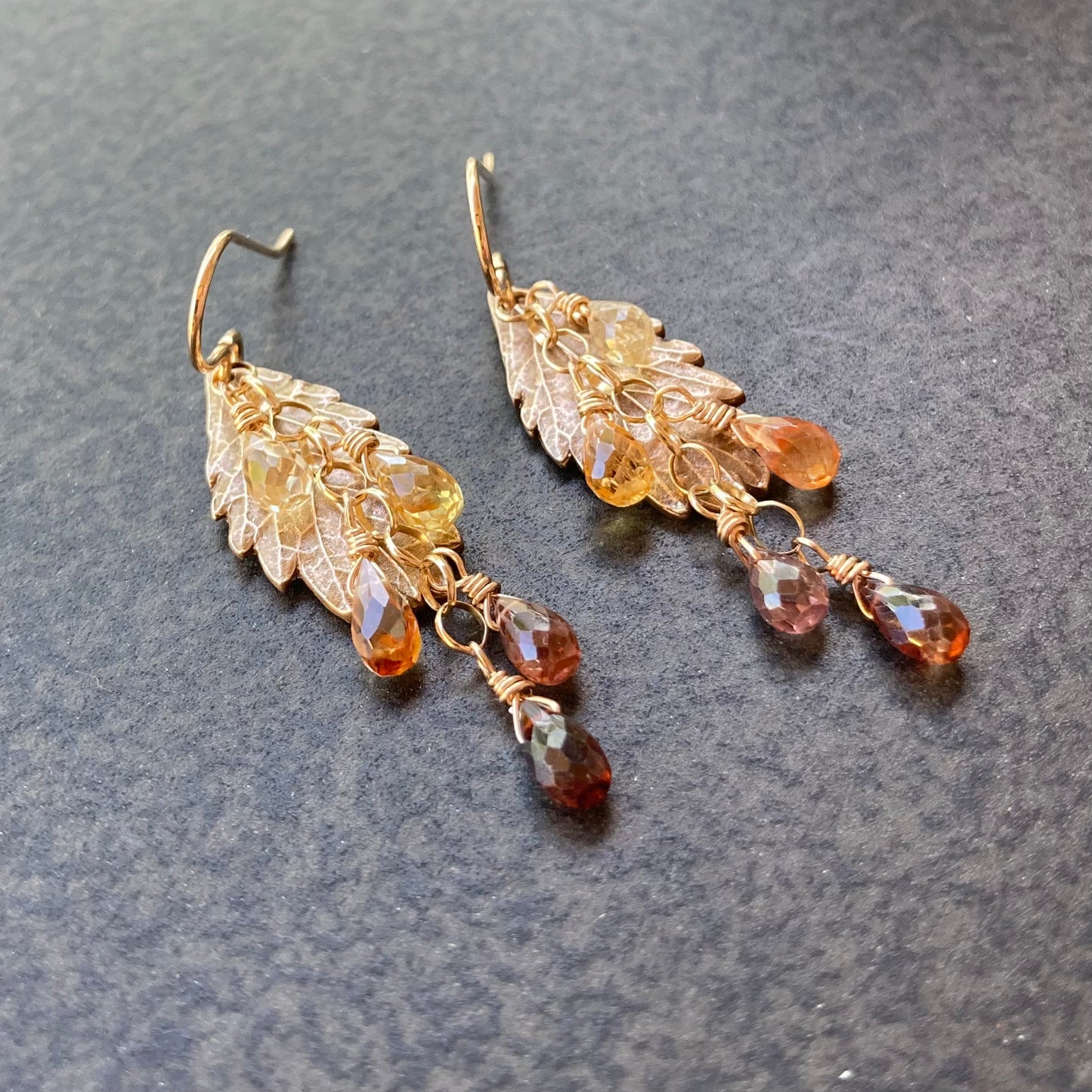 Multicolor Zircon, 14k Gold & Bronze Leaf Cascade Earrings